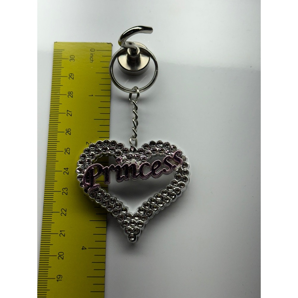 Silver Princess Heart Keychain Pink Script Bag Charm Y2K Plastic